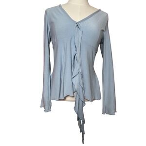 Y2K VTG Blue Sparkle Ruffle V Neck Long Sleeve Top Shirt Women's M Fairy Flowy